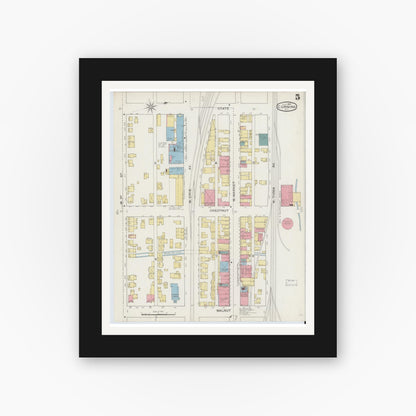 Old map wall art mockup — black gallery frame with white mat — Sanborn Fire Insurance Map from Corning, Steuben County, New York (1893), Sheet #0005