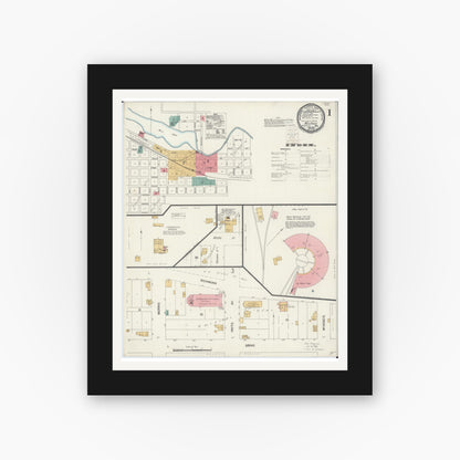 Old map wall art mockup — black gallery frame with white mat — Sanborn Fire Insurance Map from Melrose, Stearns County, Minnesota (1900), Sheet #0001