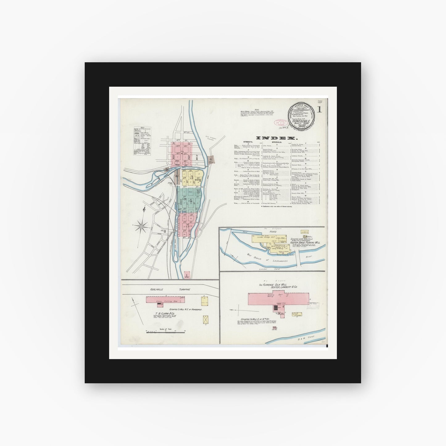 Old map wall art mockup — black gallery frame with white mat — Sanborn Fire Insurance Map from Honesdale, Wayne County, Pennsylvania (1892) - Complete Map Set