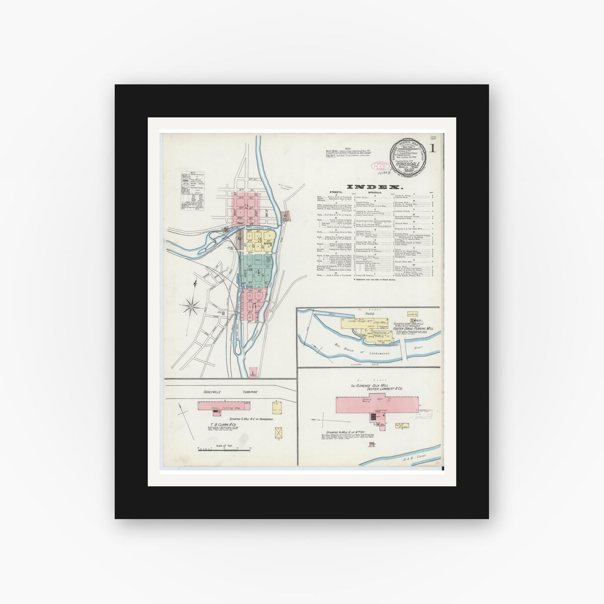 Old map wall art mockup — black gallery frame with white mat — Sanborn Fire Insurance Map from Honesdale, Wayne County, Pennsylvania (1892) - Complete Map Set