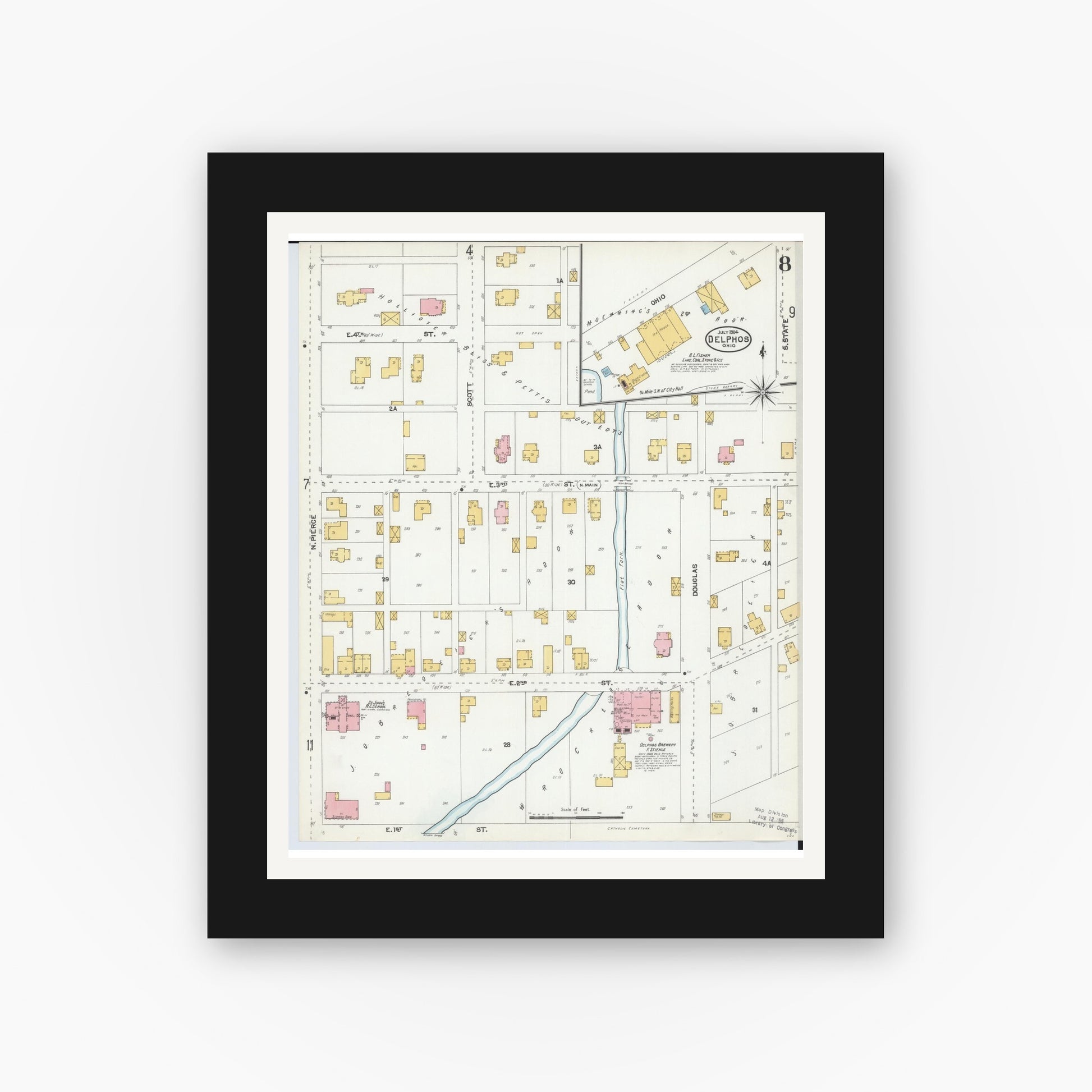 Old map wall art mockup — black gallery frame with white mat — Sanborn Fire Insurance Map from Delphos, Van Wert And Allen Counties, Ohio (1904), Sheet #0008