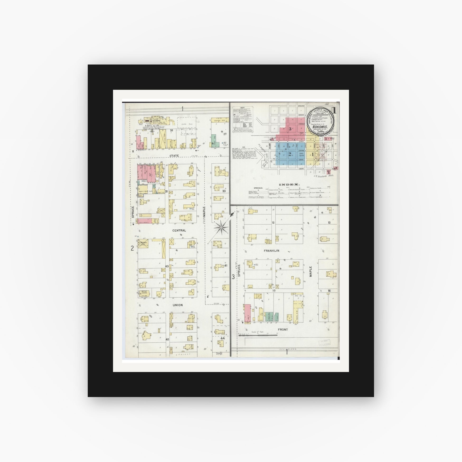 Old map wall art mockup — black gallery frame with white mat — Sanborn Fire Insurance Map from Nokomis, Montgomery County, Illinois (1899) - Complete Map Set