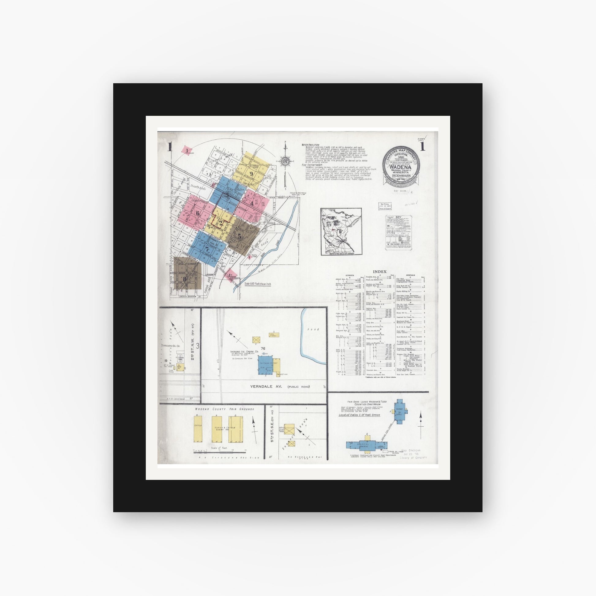Old map wall art mockup — black gallery frame with white mat — Sanborn Fire Insurance Map from Wadena, Wadena County, Minnesota (1924) - Complete Map Set