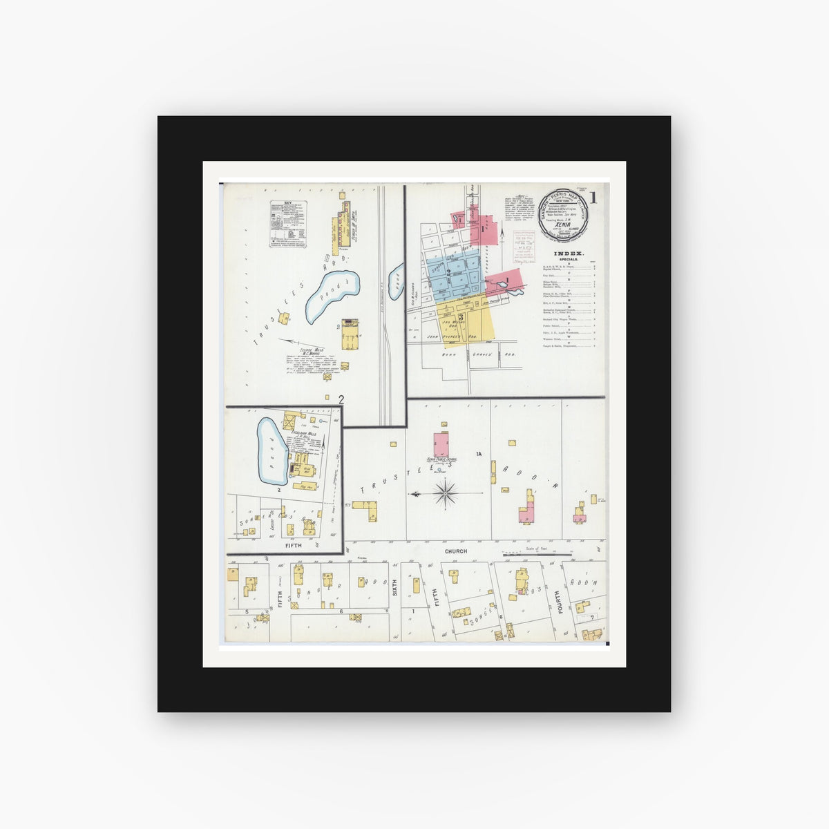 Old map wall art mockup — black gallery frame with white mat — Sanborn Fire Insurance Map from Xenia, Clay County, Illinois (1899) - Complete Map Set