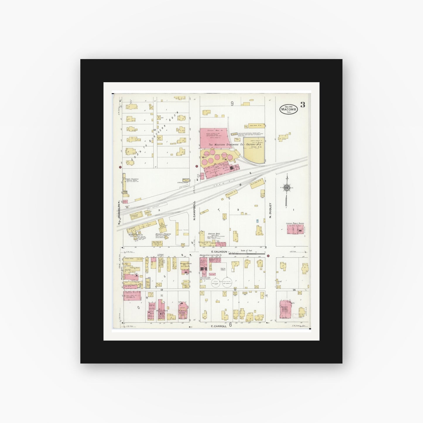 Old map wall art mockup — black gallery frame with white mat — Sanborn Fire Insurance Map from Macomb, Mcdonough County, Illinois (1910), Sheet #0003