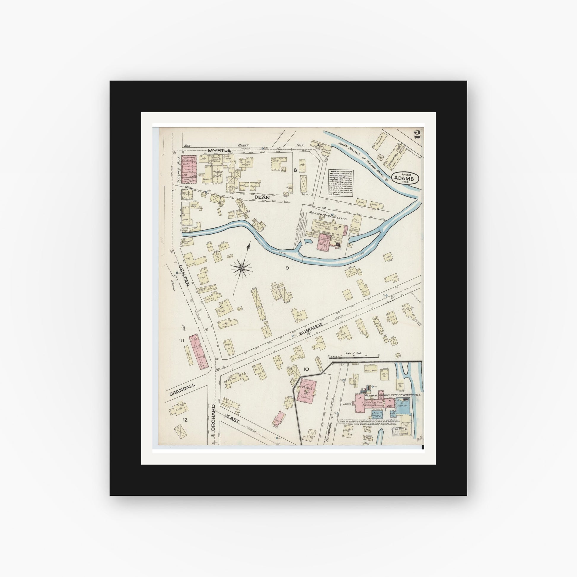 Old map wall art mockup — black gallery frame with white mat — Sanborn Fire Insurance Map from Adams, Berkshire County, Massachusetts (1884), Sheet #0002