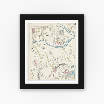 Old map wall art mockup — black gallery frame with white mat — Sanborn Fire Insurance Map from Adams, Berkshire County, Massachusetts (1884), Sheet #0002
