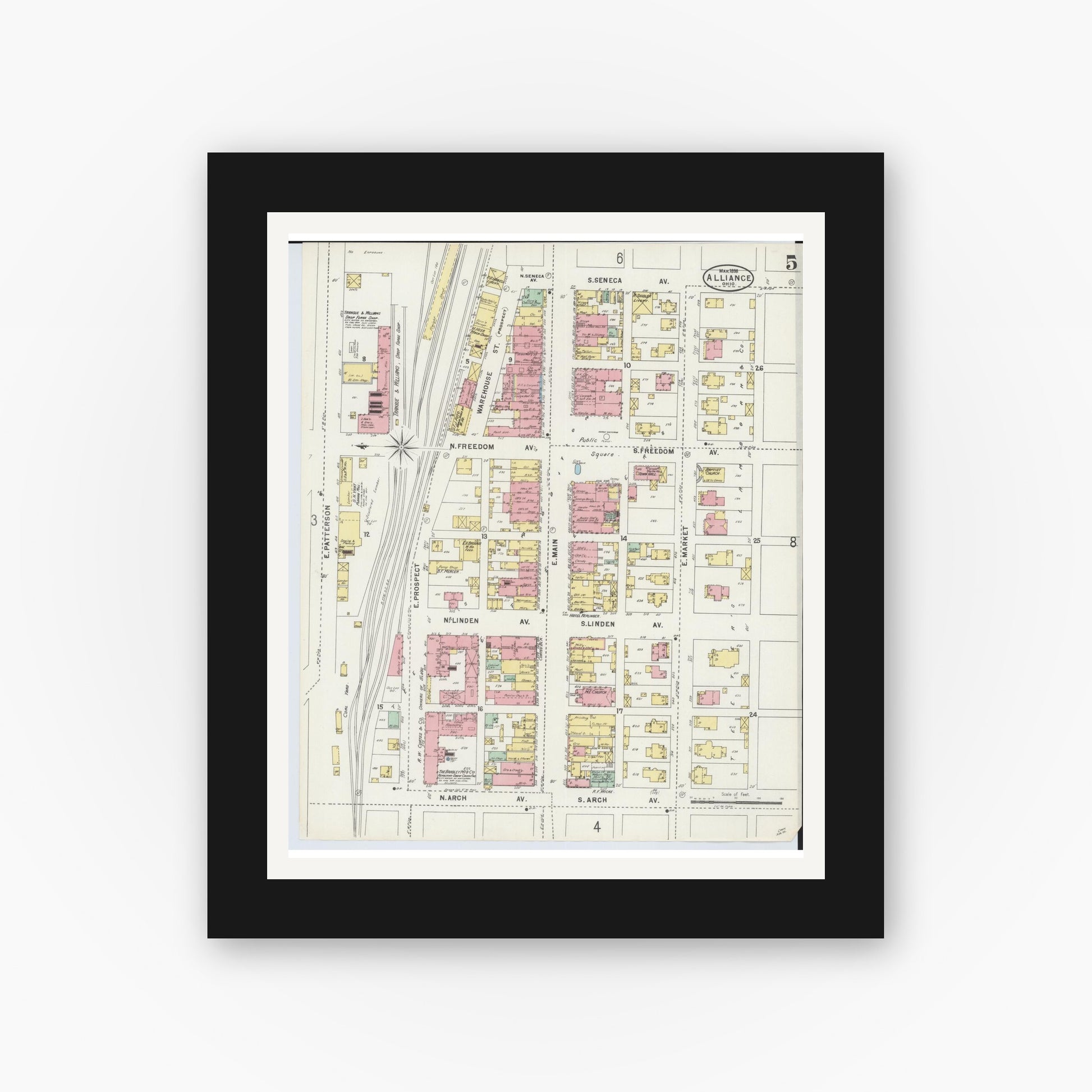 Old map wall art mockup — black gallery frame with white mat — Sanborn Fire Insurance Map from Alliance, Stark County, Ohio (1898), Sheet #0005