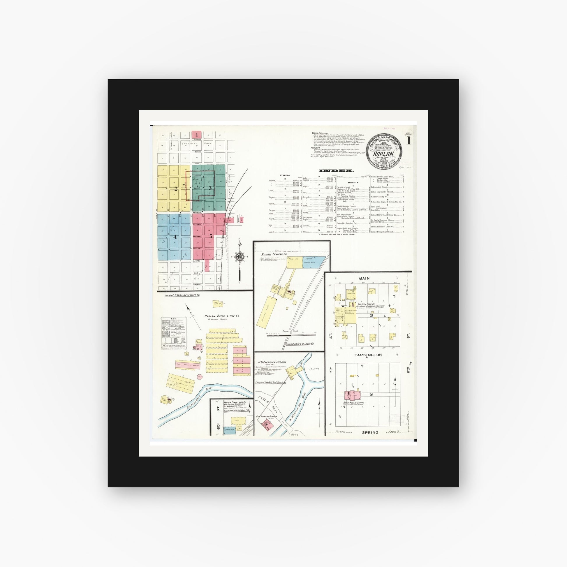 Old map wall art mockup — black gallery frame with white mat — Sanborn Fire Insurance Map from Harlan, Shelby County, Iowa (1909), Sheet #0001
