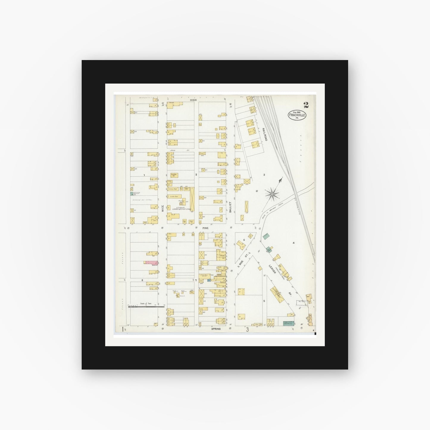 Old map wall art mockup — black gallery frame with white mat — Sanborn Fire Insurance Map from Frackville, Schuylkill County, Pennsylvania (1903), Sheet #0002