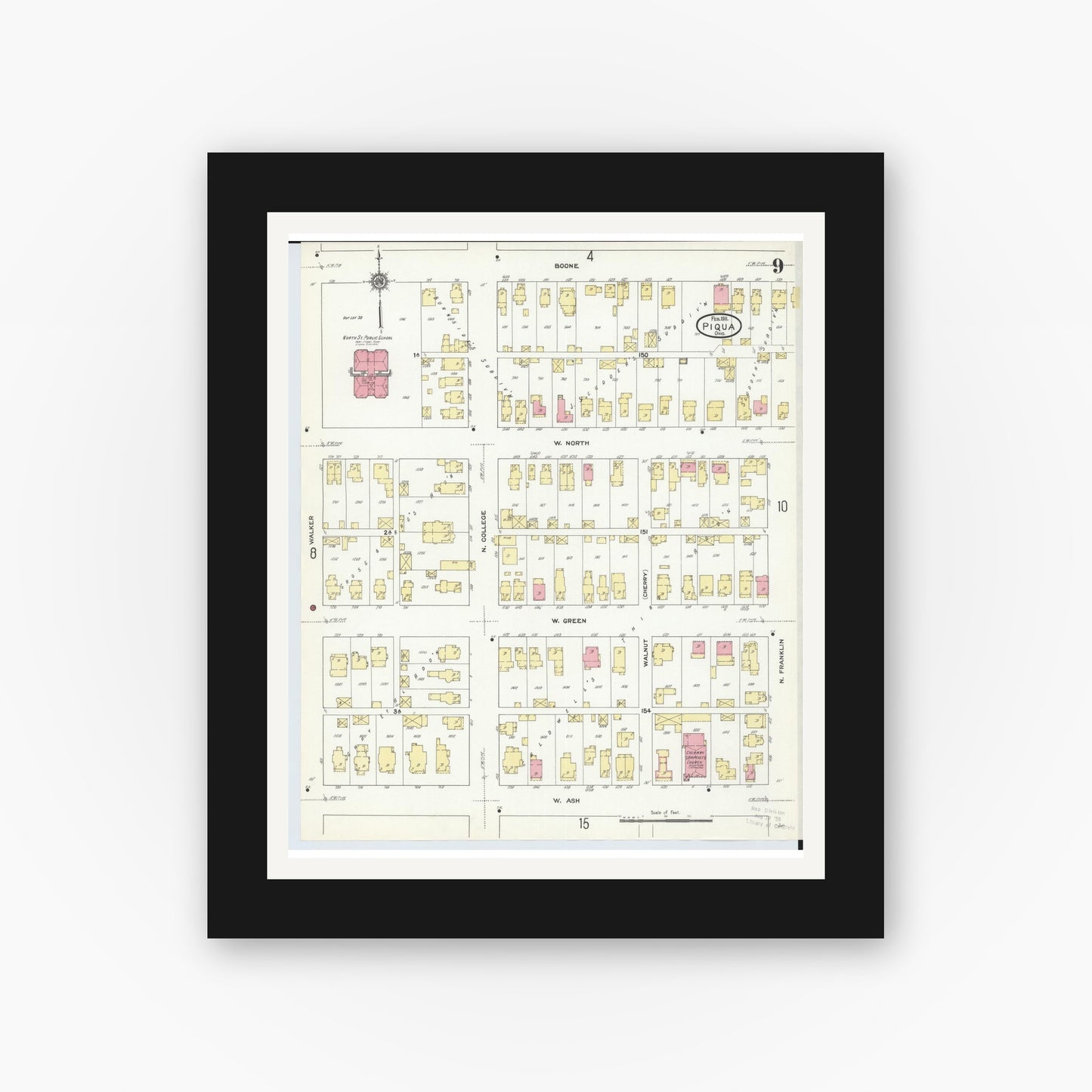 Old map wall art mockup — black gallery frame with white mat — Sanborn Fire Insurance Map from Piqua, Miami County, Ohio (1911), Sheet #0009