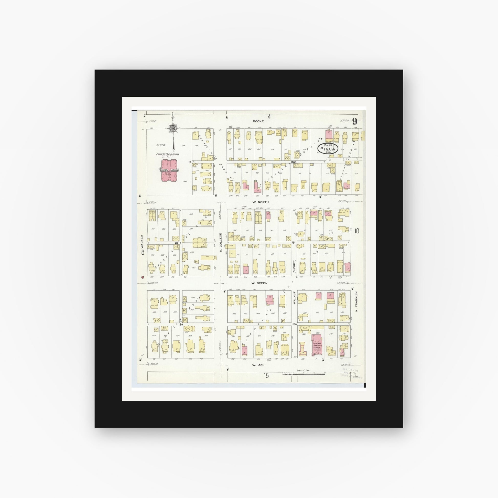 Old map wall art mockup — black gallery frame with white mat — Sanborn Fire Insurance Map from Piqua, Miami County, Ohio (1911), Sheet #0009