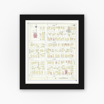 Old map wall art mockup — black gallery frame with white mat — Sanborn Fire Insurance Map from Piqua, Miami County, Ohio (1911), Sheet #0009
