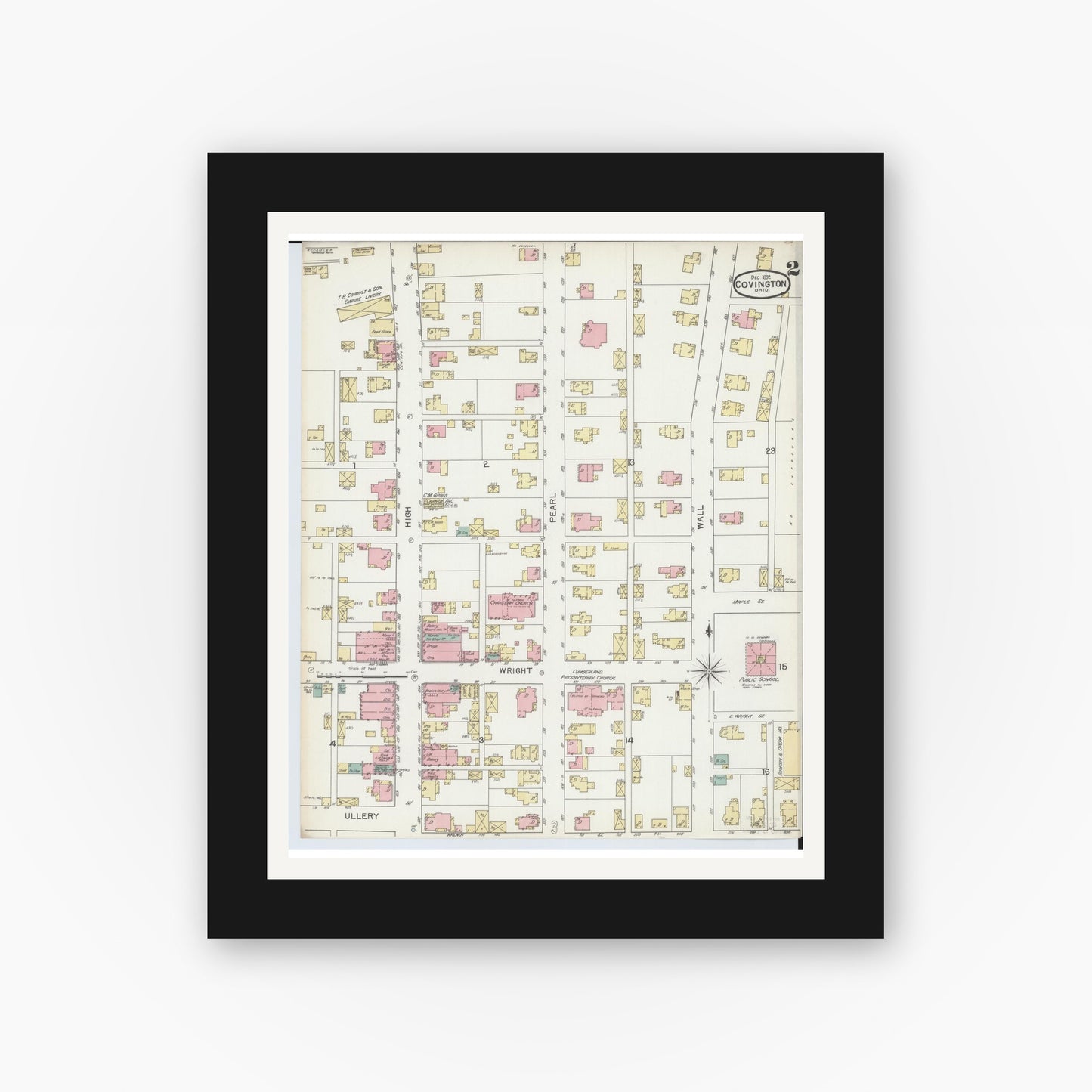 Old map wall art mockup — black gallery frame with white mat — Sanborn Fire Insurance Map from Covington, Miami County, Ohio (1892), Sheet #0002
