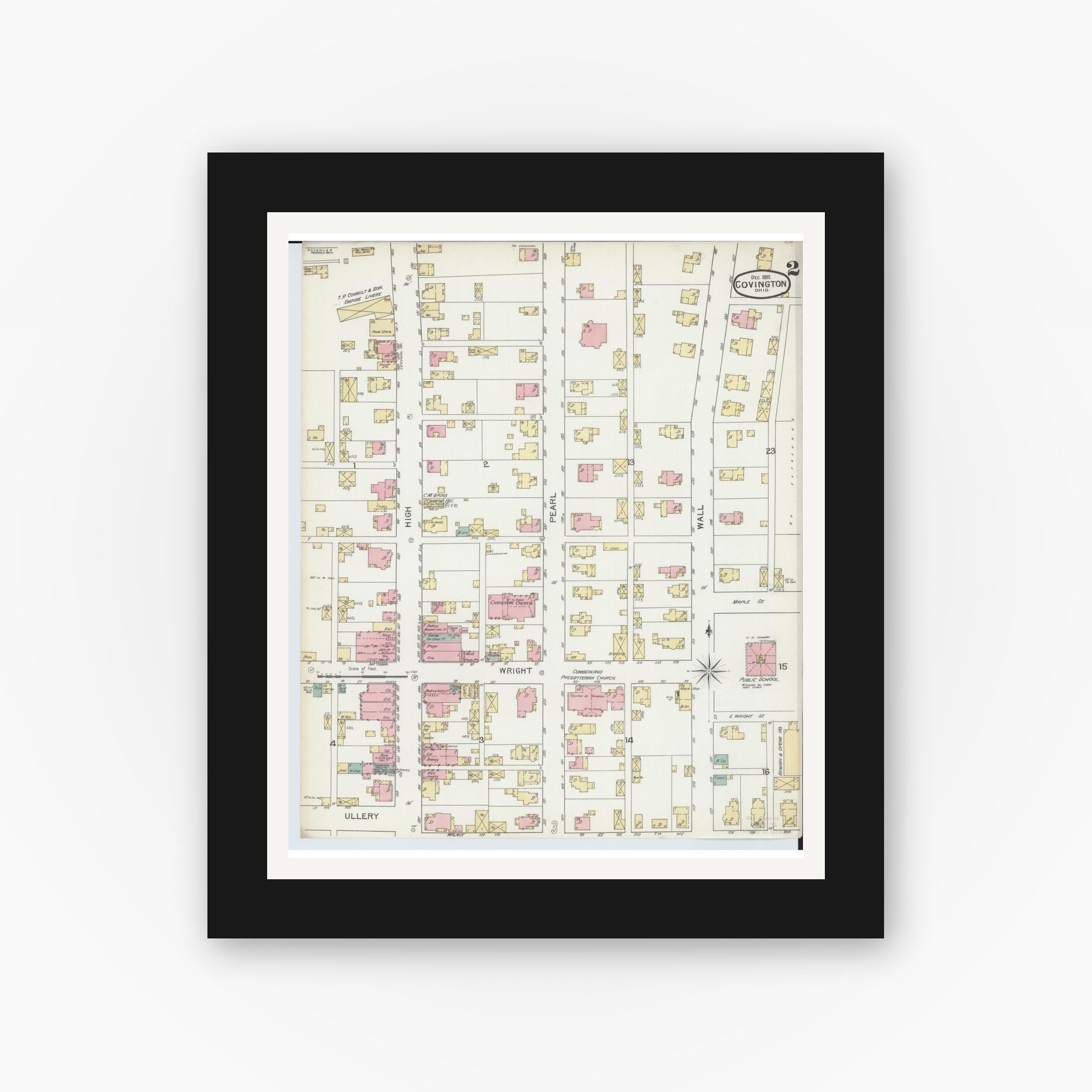 Old map wall art mockup — black gallery frame with white mat — Sanborn Fire Insurance Map from Covington, Miami County, Ohio (1892), Sheet #0002