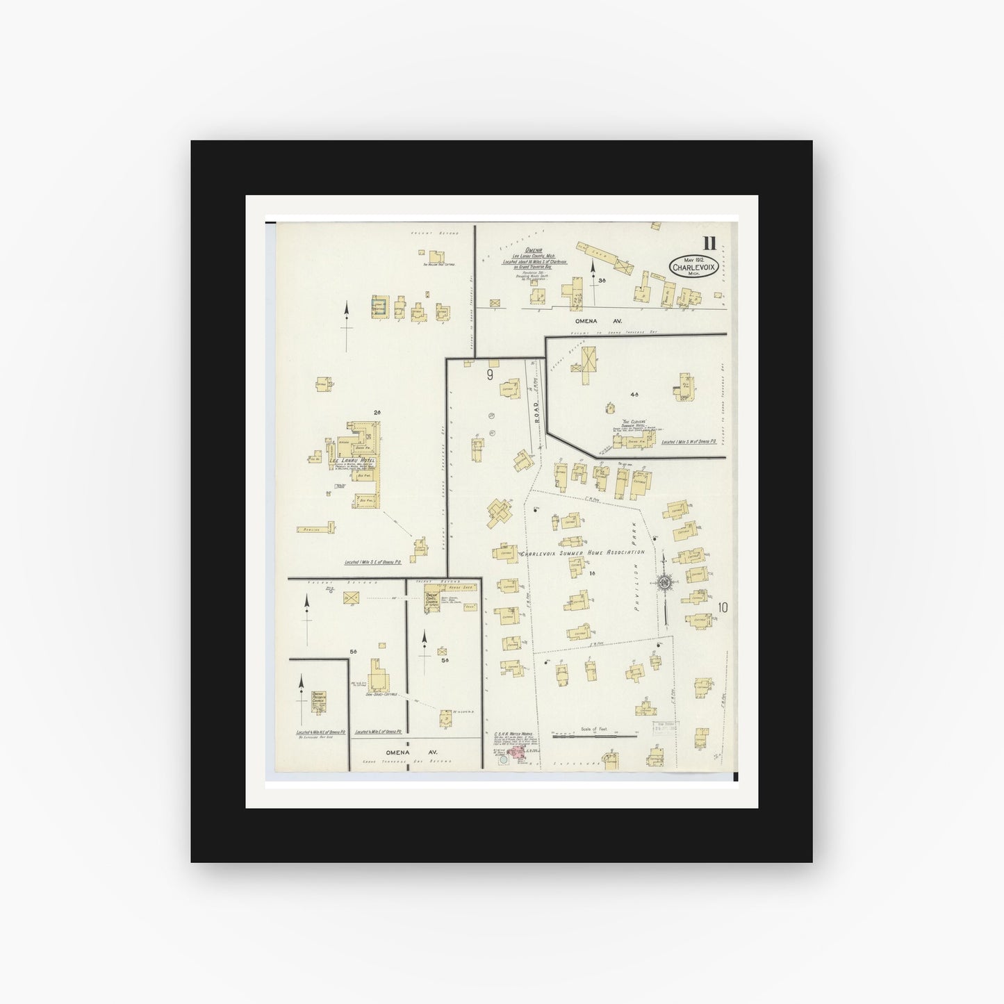 Old map wall art mockup — black gallery frame with white mat — Sanborn Fire Insurance Map from Charlevoix, Charlevoix County, Michigan (1912), Sheet #0011