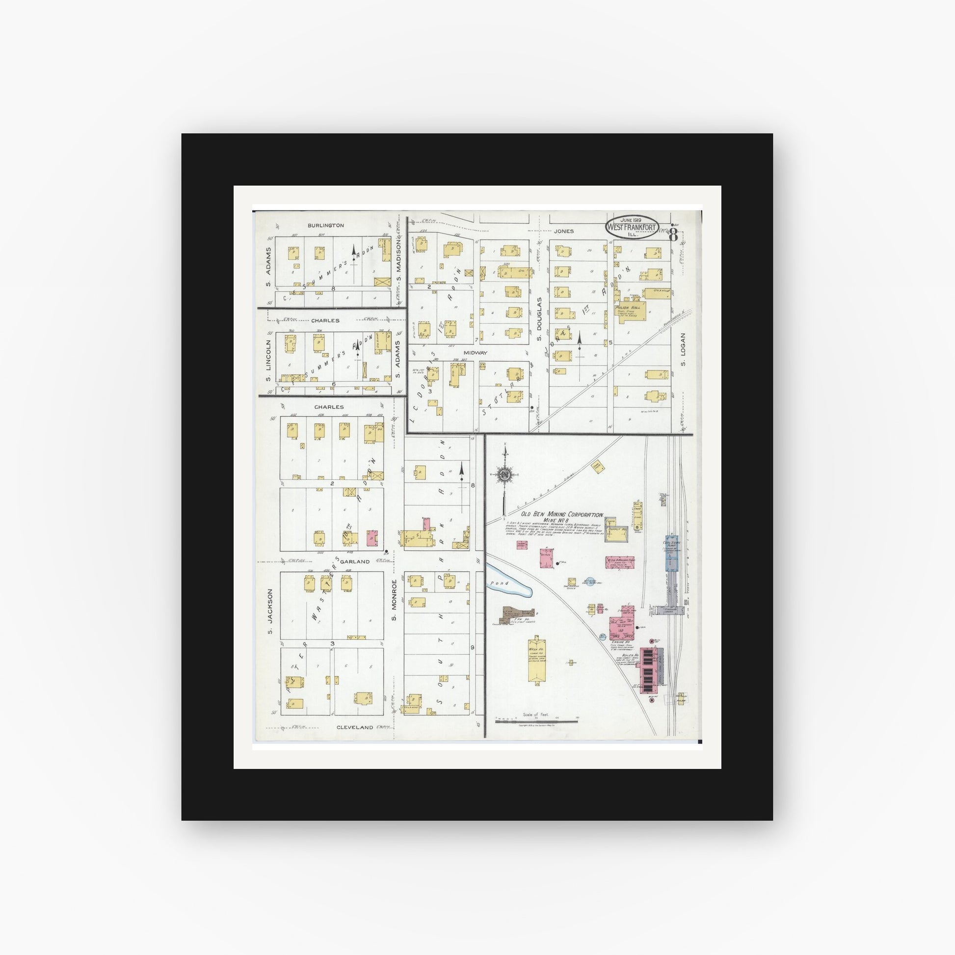 Old map wall art mockup — black gallery frame with white mat — Sanborn Fire Insurance Map from West Frankfort, Franklin County, Illinois (1919), Sheet #0008