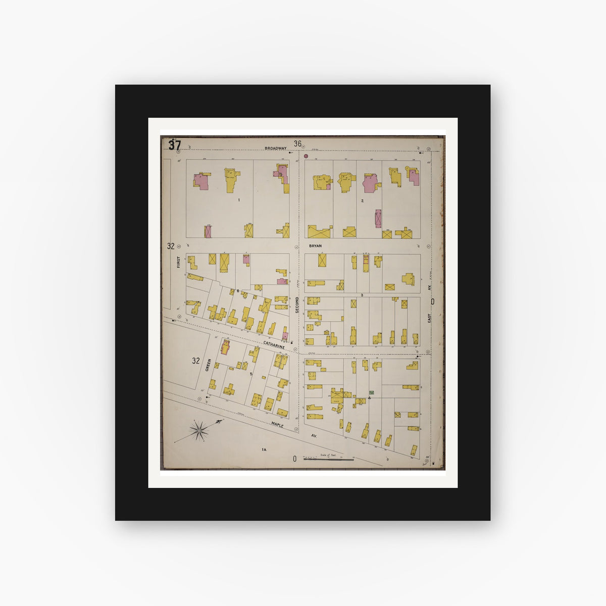 Old map wall art mockup — black gallery frame with white mat — Sanborn Fire Insurance Map from Saratoga, Saratoga County, New York (1900), Sheet #0037