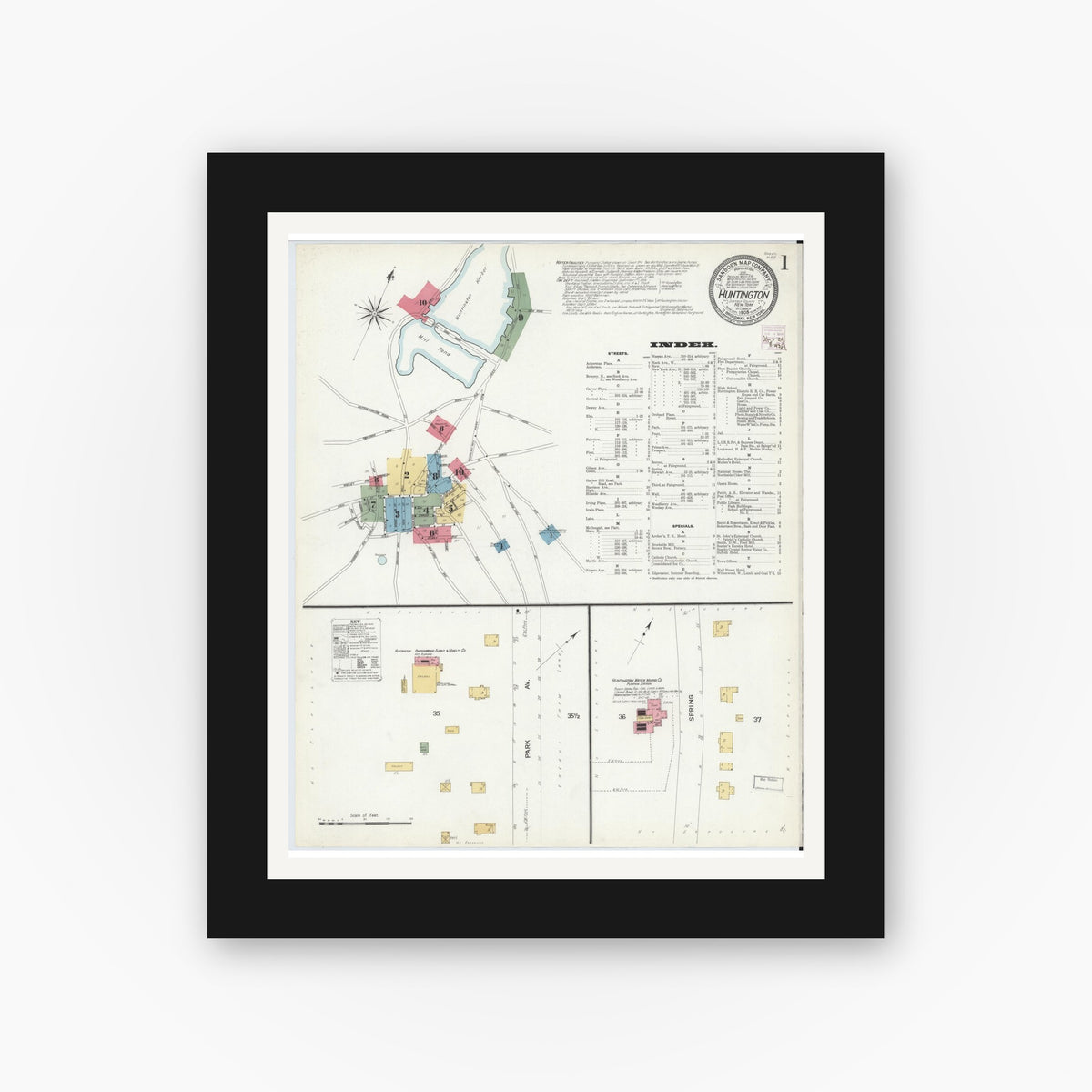 Old map wall art mockup — black gallery frame with white mat — Sanborn Fire Insurance Map from Huntington, Suffolk County, New York (1908), Sheet #0001