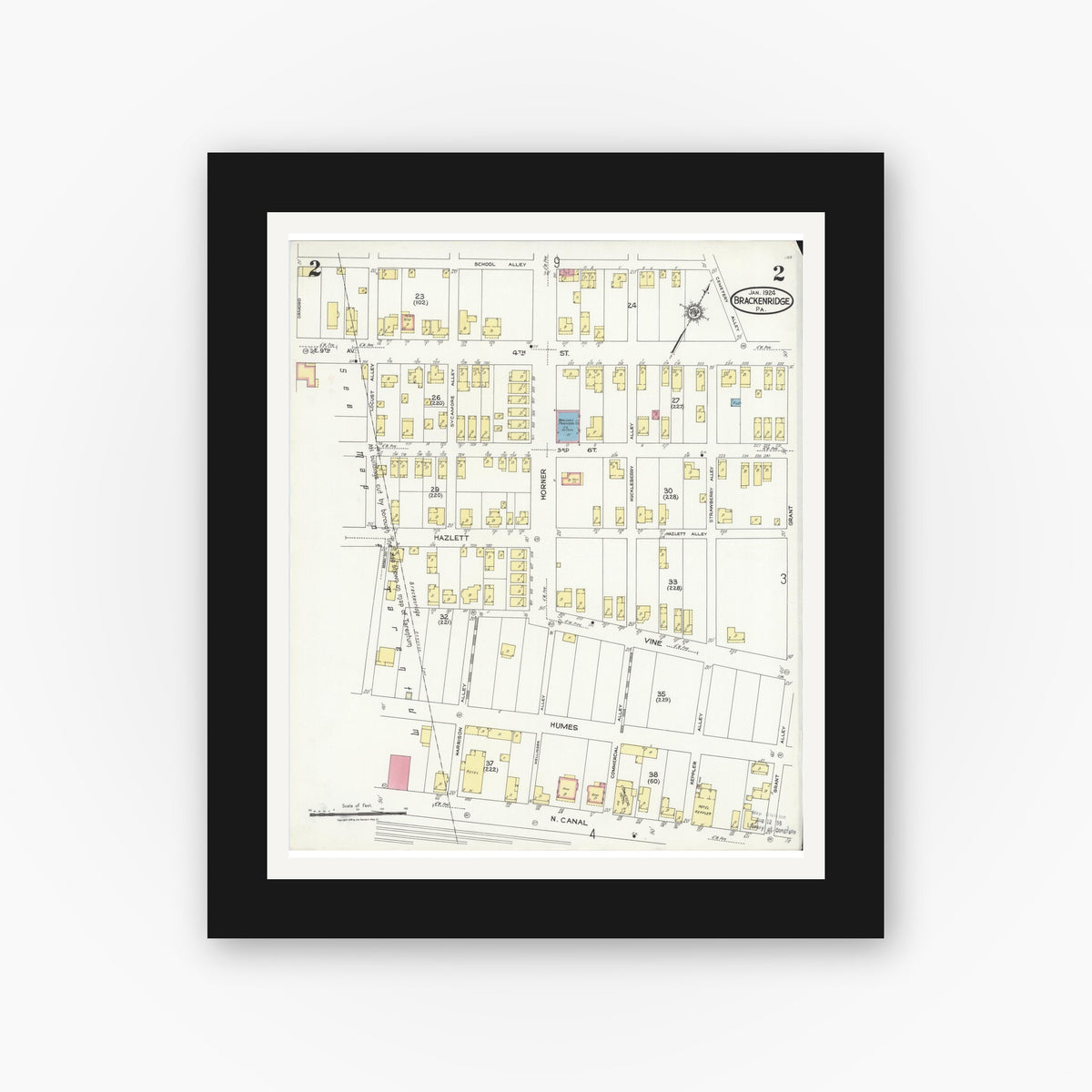 Old map wall art mockup — black gallery frame with white mat — Sanborn Fire Insurance Map from Brackenridge, Allegheny County, Pennsylvania (1924), Sheet #0002