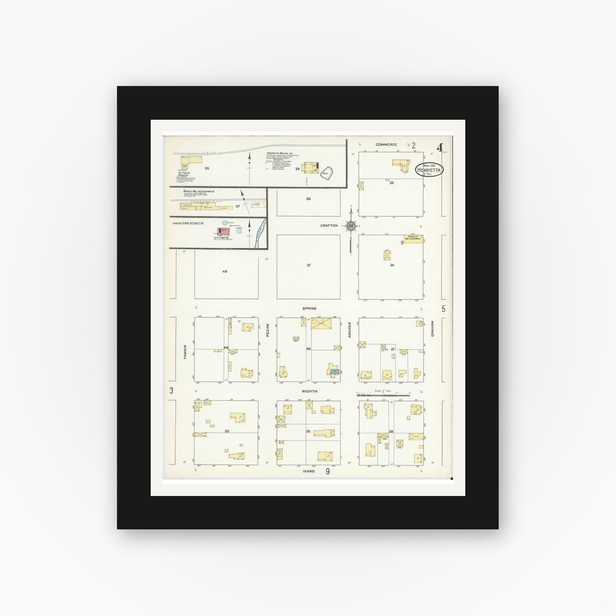 Old map wall art mockup — black gallery frame with white mat — Sanborn Fire Insurance Map from Henrietta, Clay County, Texas (1912), Sheet #0004