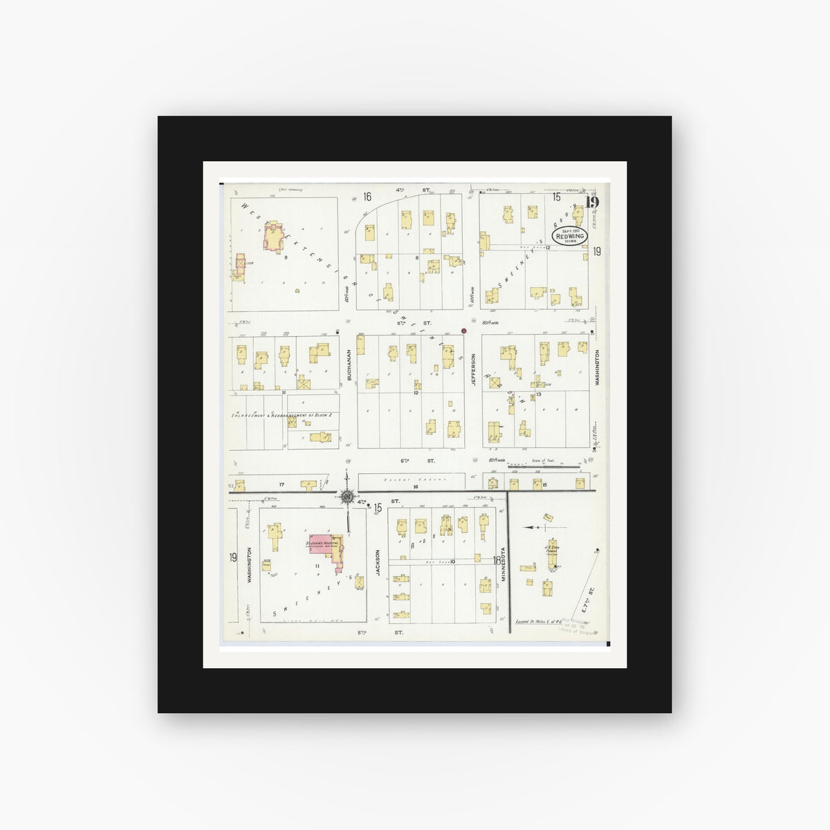 Old map wall art mockup — black gallery frame with white mat — Sanborn Fire Insurance Map from Red Wing, Goodhue County, Minnesota (1910), Sheet #0019