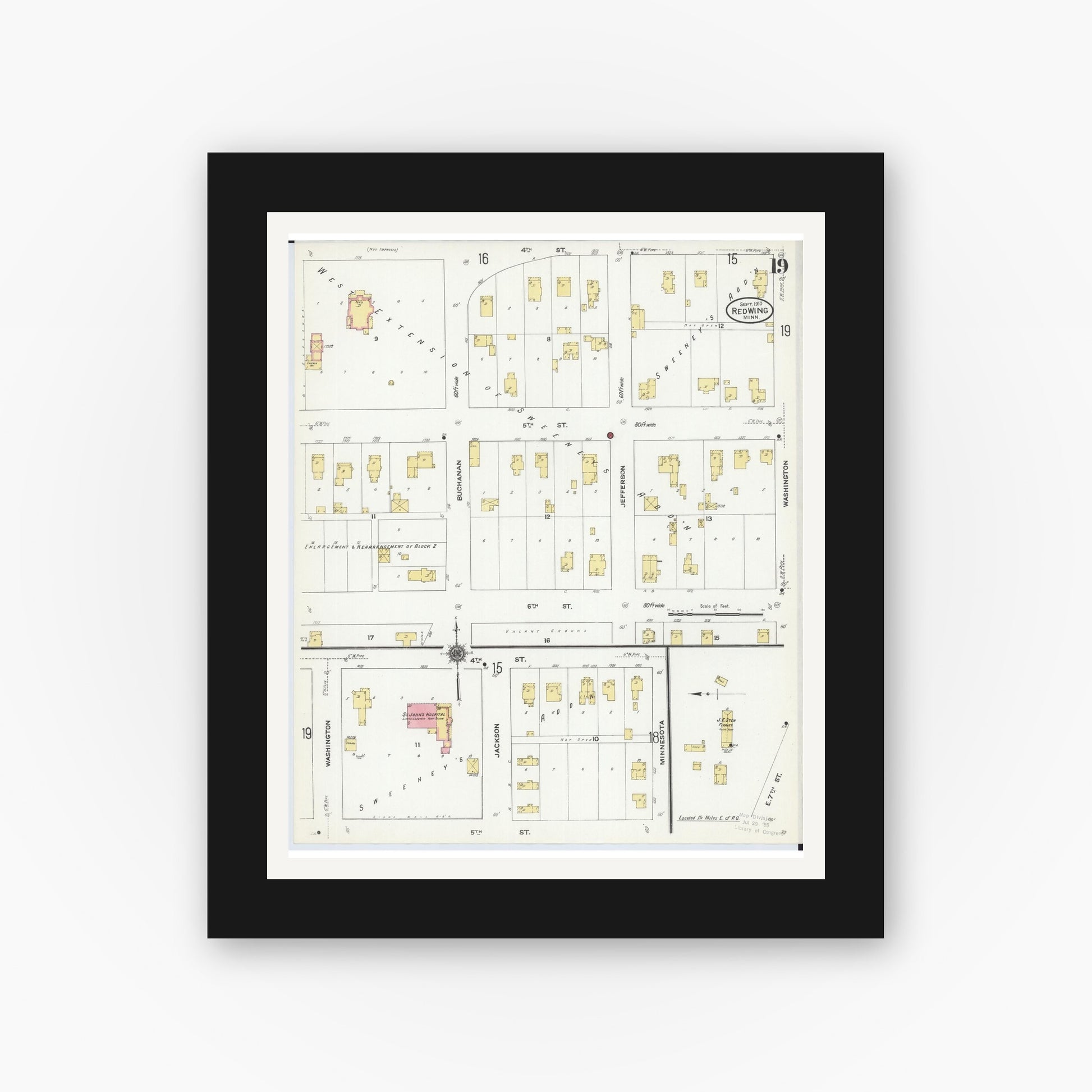 Old map wall art mockup — black gallery frame with white mat — Sanborn Fire Insurance Map from Red Wing, Goodhue County, Minnesota (1910), Sheet #0019