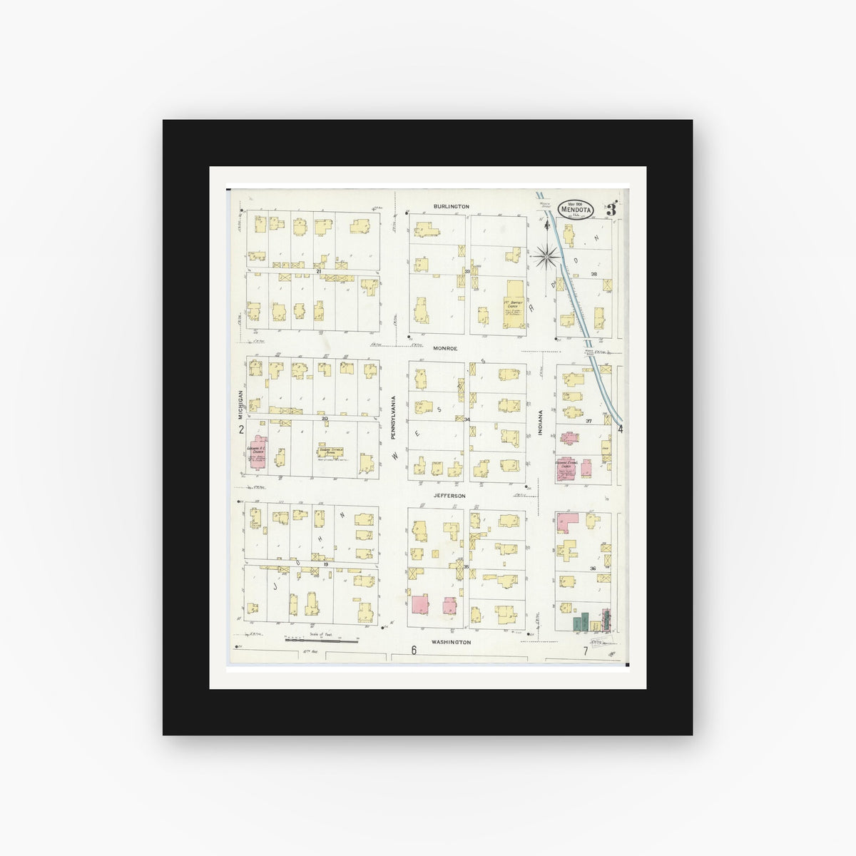 Old map wall art mockup — black gallery frame with white mat — Sanborn Fire Insurance Map from Mendota, La Salle County, Illinois (1909), Sheet #0003