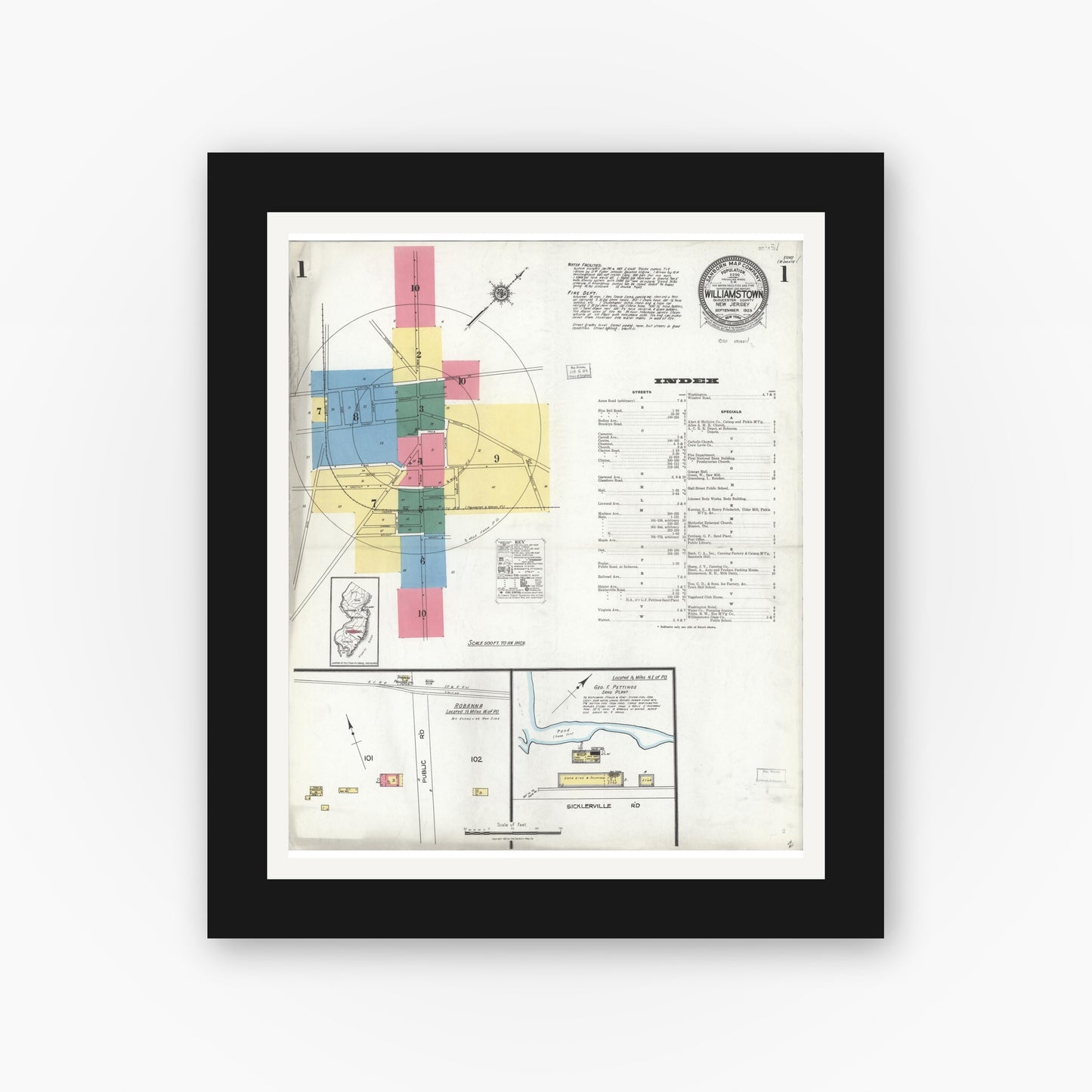 Old map wall art mockup — black gallery frame with white mat — Sanborn Fire Insurance Map from Williamstown, Gloucester County, New Jersey (1923), Sheet #0001