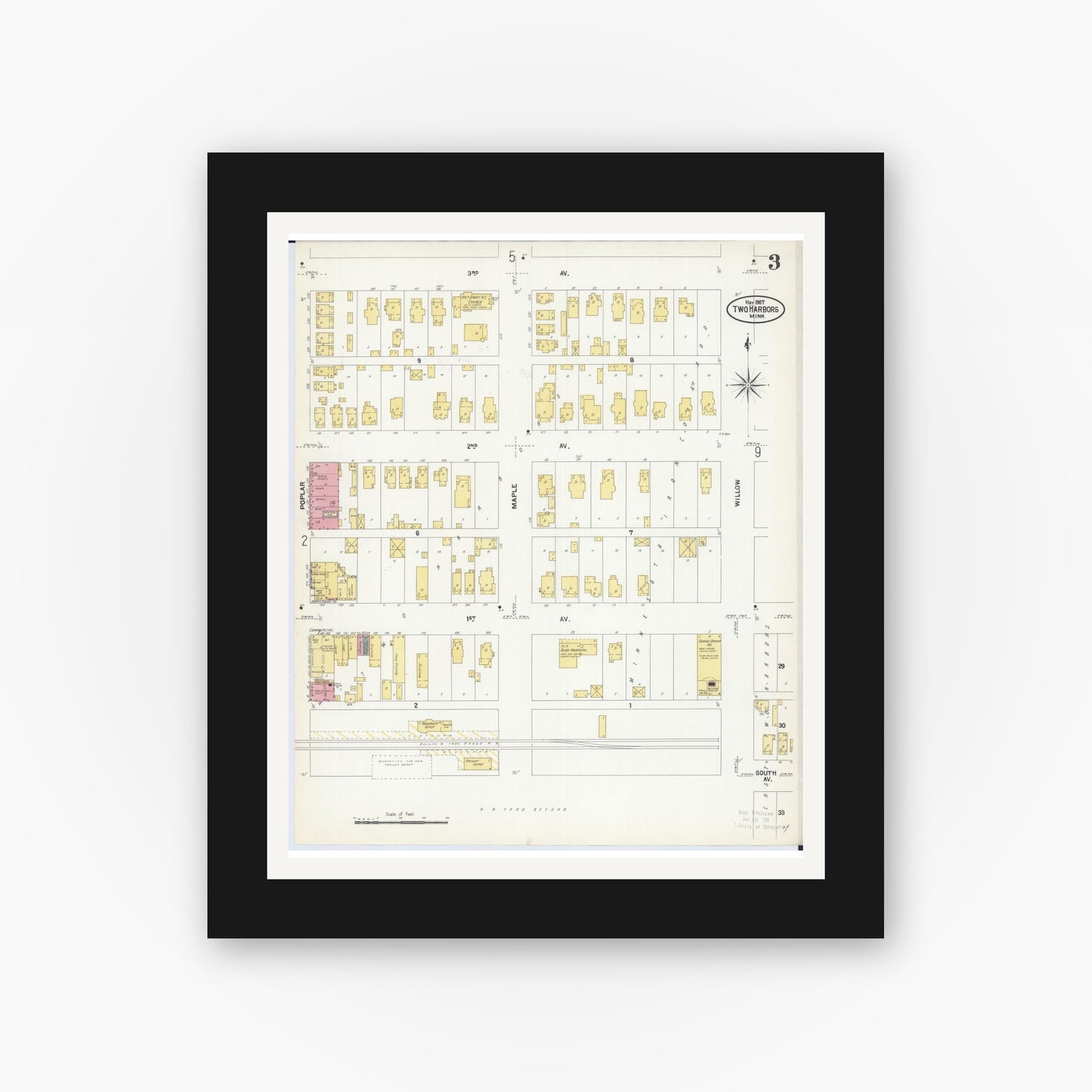 Old map wall art mockup — black gallery frame with white mat — Sanborn Fire Insurance Map from Two Harbors, Lake County, Minnesota (1907), Sheet #0003