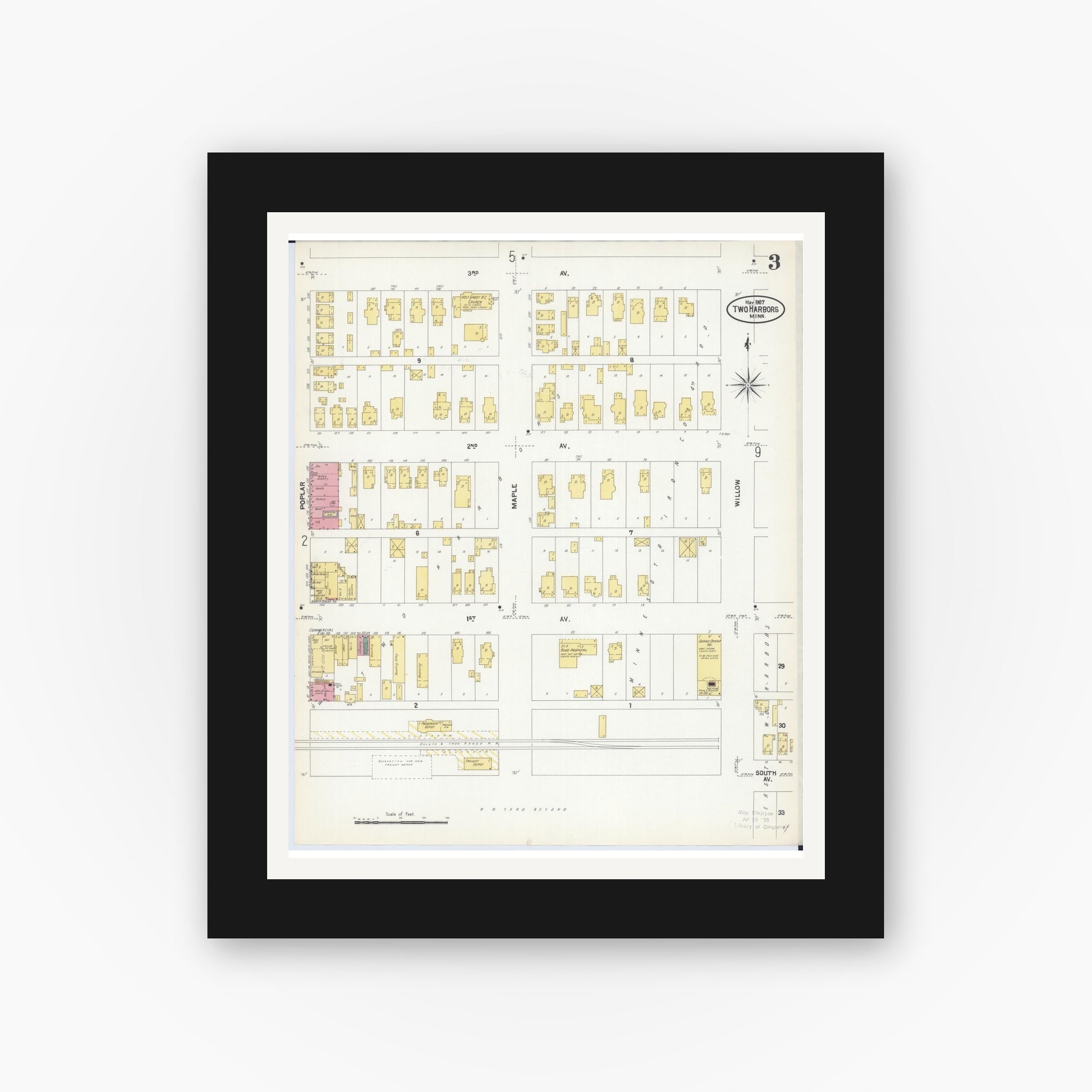 Old map wall art mockup — black gallery frame with white mat — Sanborn Fire Insurance Map from Two Harbors, Lake County, Minnesota (1907), Sheet #0003