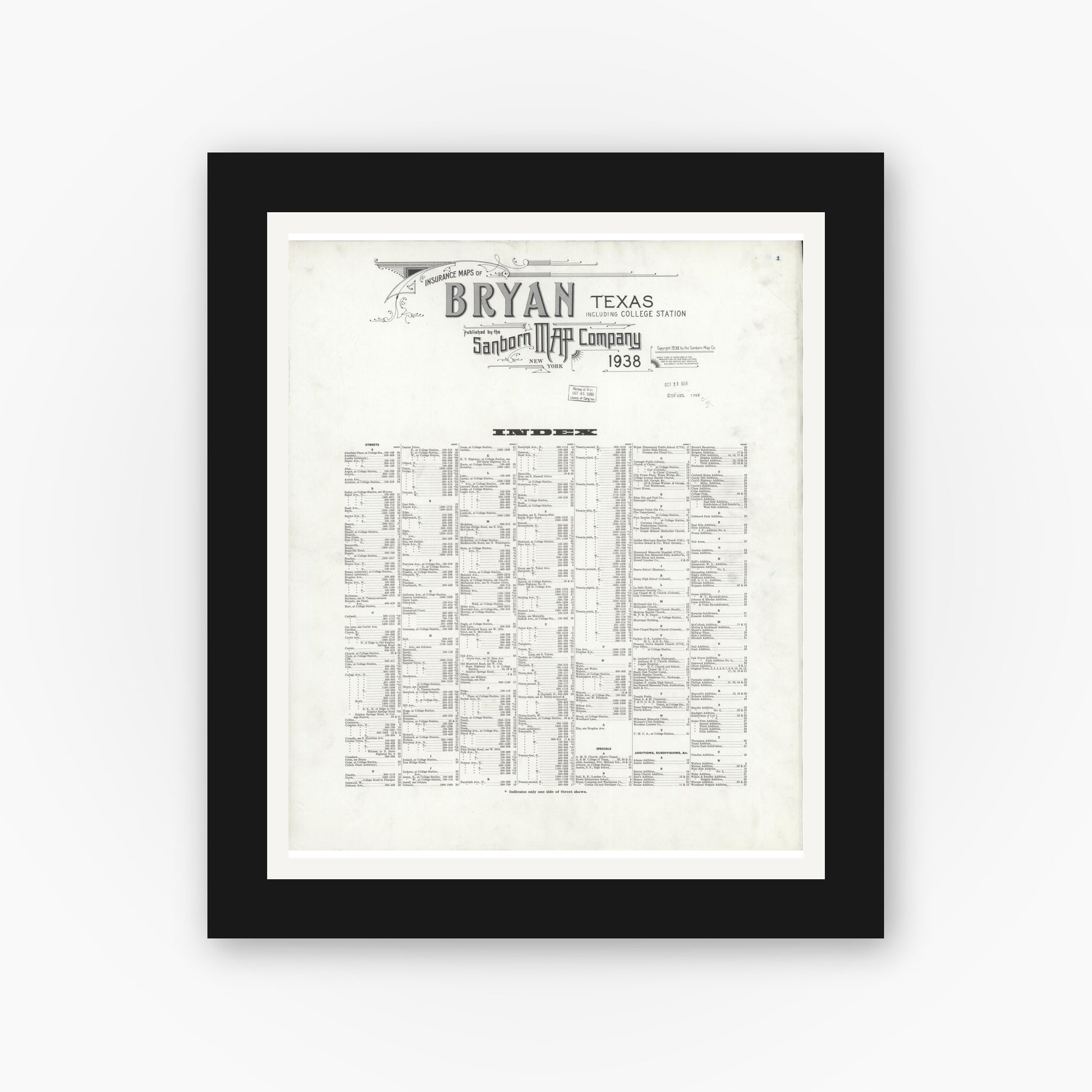 Old map wall art mockup — black gallery frame with white mat — Sanborn Fire Insurance Map from Bryan, Brazos County, Texas (1938), Sheet #0001