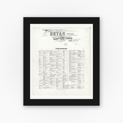 Old map wall art mockup — black gallery frame with white mat — Sanborn Fire Insurance Map from Bryan, Brazos County, Texas (1938), Sheet #0001