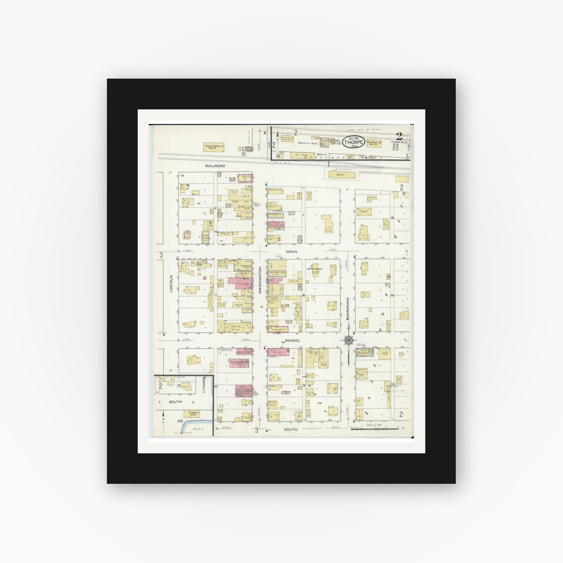 Old map wall art mockup — black gallery frame with white mat — Sanborn Fire Insurance Map from Thorpe, Clark County, Wisconsin (1916), Sheet #0002
