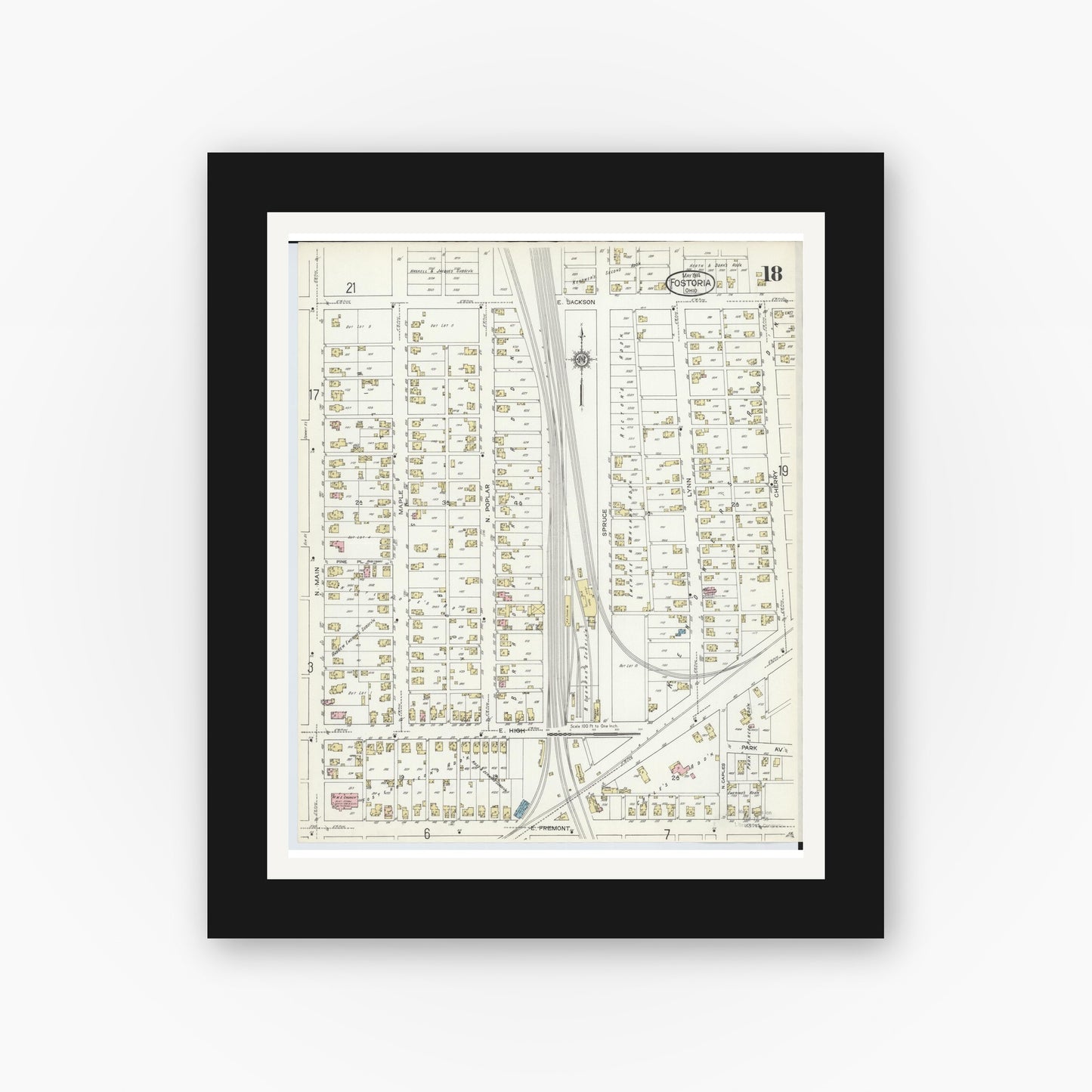 Old map wall art mockup — black gallery frame with white mat — Sanborn Fire Insurance Map from Fostoria, Seneca, Hancock, And Wood Counties, Ohio (1914), Sheet #0018