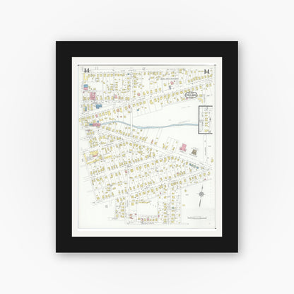Old map wall art mockup — black gallery frame with white mat — Sanborn Fire Insurance Map from Ashland, Ashland County, Ohio (1930), Sheet #0014