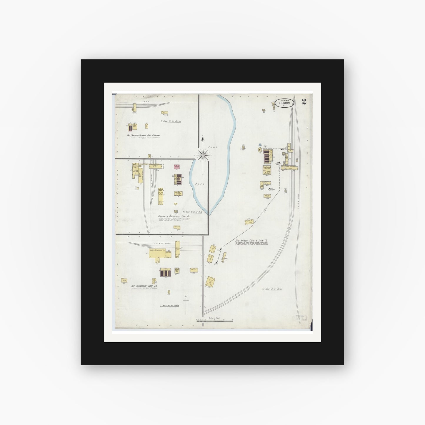 Old map wall art mockup — black gallery frame with white mat — Sanborn Fire Insurance Map from Herrin, Williamson County, Illinois (1902), Sheet #0002