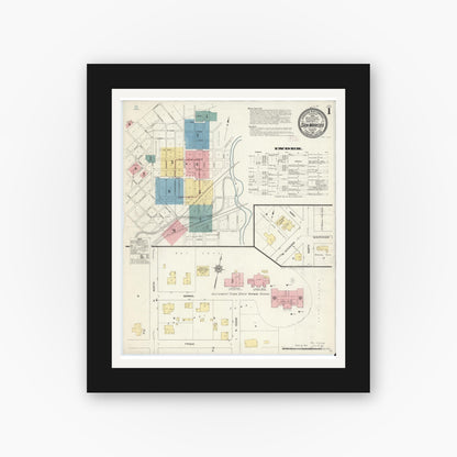 Old map wall art mockup — black gallery frame with white mat — Sanborn Fire Insurance Map from San Marcos, Hays County, Texas (1912) - Complete Map Set