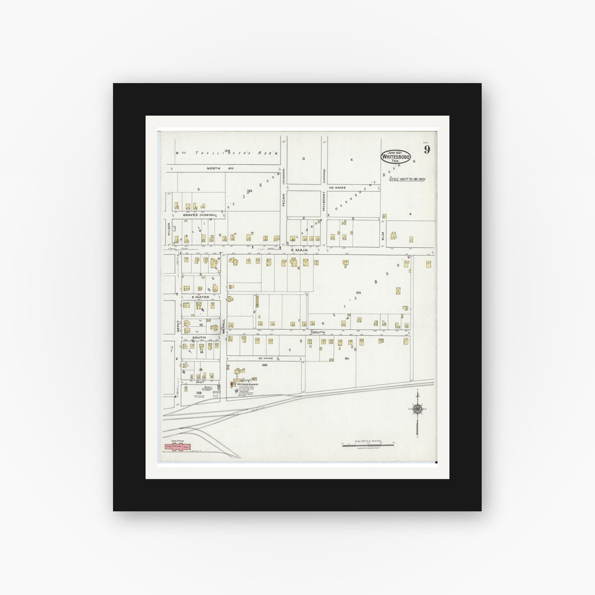 Old map wall art mockup — black gallery frame with white mat — Sanborn Fire Insurance Map from Whitesboro, Grayson County, Texas (1921), Sheet #0009