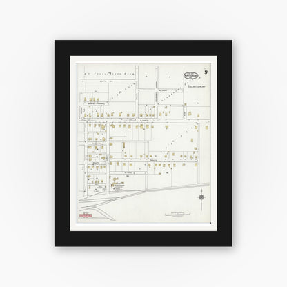 Old map wall art mockup — black gallery frame with white mat — Sanborn Fire Insurance Map from Whitesboro, Grayson County, Texas (1921), Sheet #0009