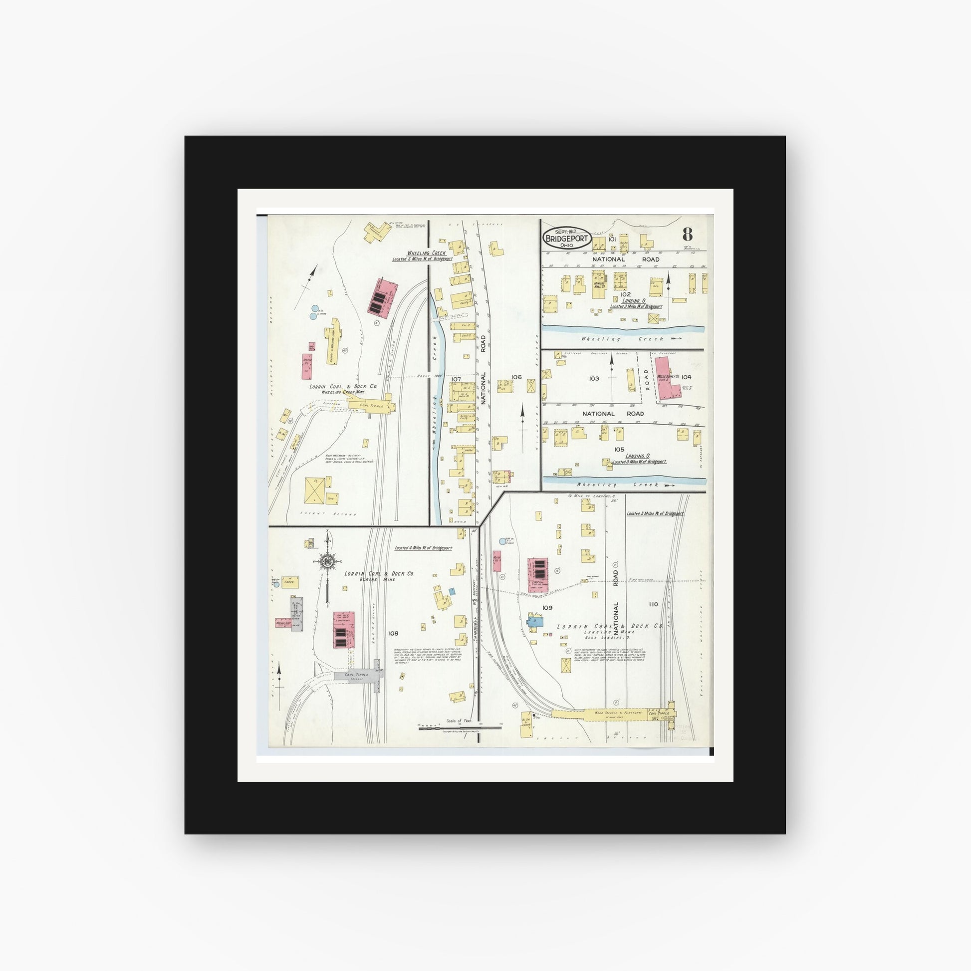 Old map wall art mockup — black gallery frame with white mat — Sanborn Fire Insurance Map from Bridgeport, Belmont County, Ohio (1917), Sheet #0008