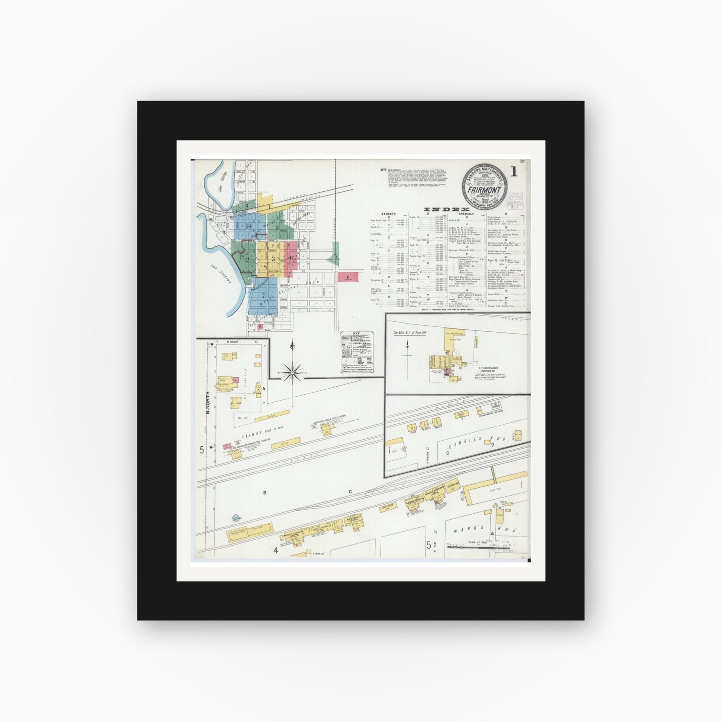 Old map wall art mockup — black gallery frame with white mat — Sanborn Fire Insurance Map from Fairmont, Martin County, Minnesota (1905), Sheet #0001