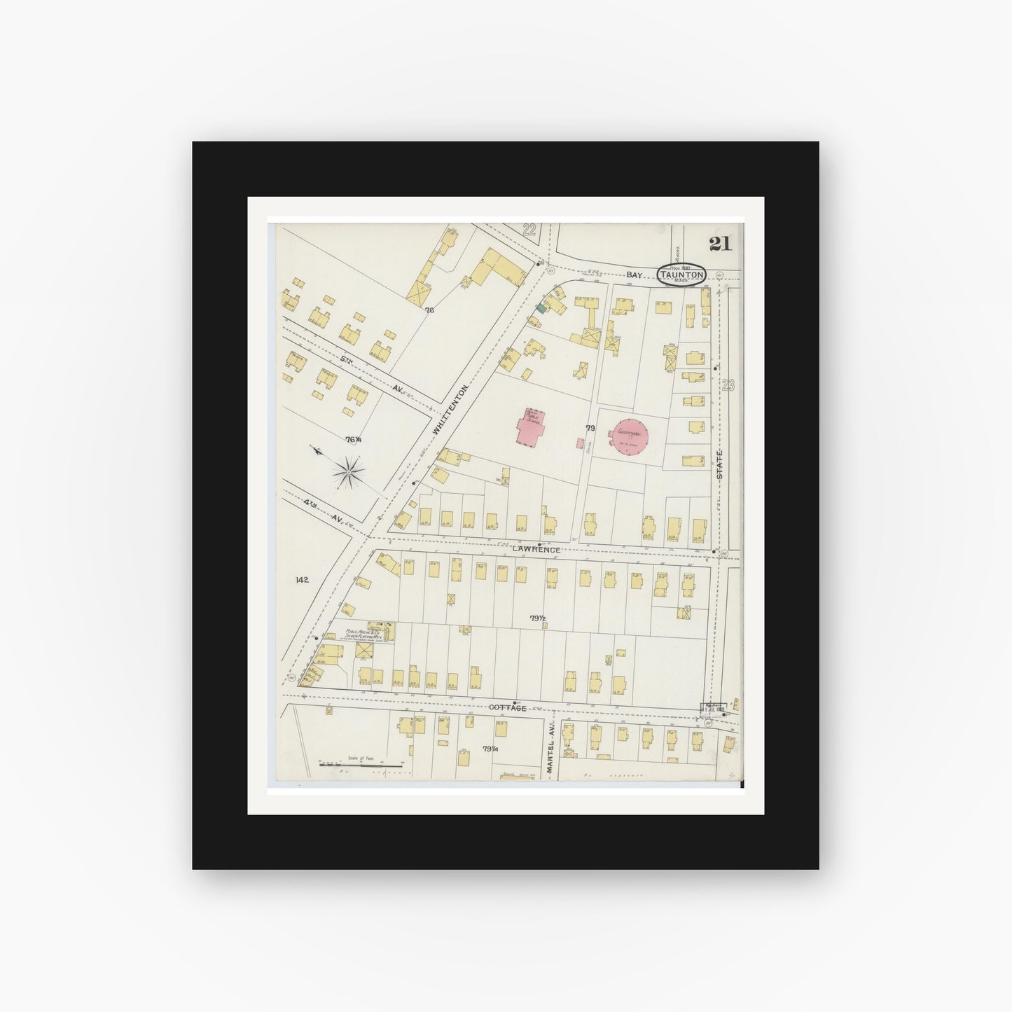 Old map wall art mockup — black gallery frame with white mat — Sanborn Fire Insurance Map from Taunton, Bristol County, Massachusetts (1893), Sheet #0021