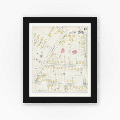 Old map wall art mockup — black gallery frame with white mat — Sanborn Fire Insurance Map from Taunton, Bristol County, Massachusetts (1893), Sheet #0021