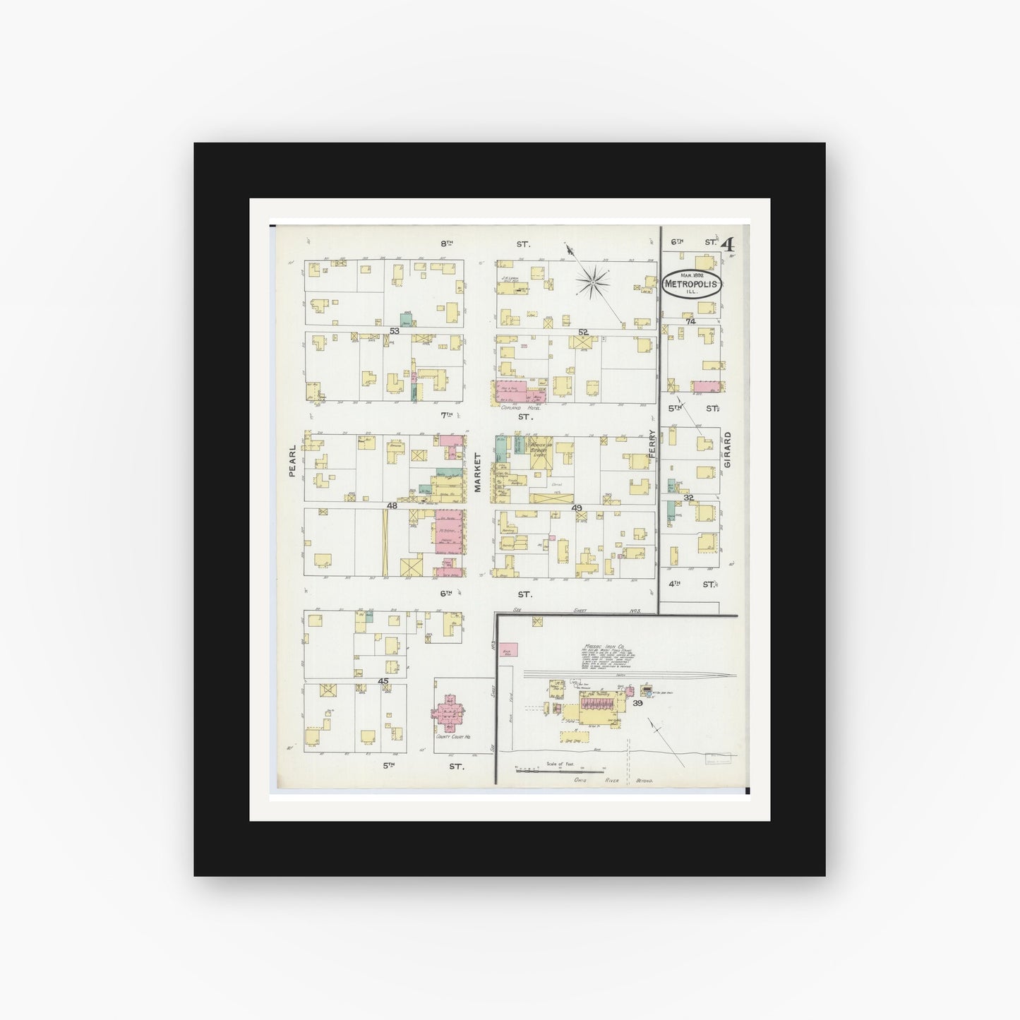 Old map wall art mockup — black gallery frame with white mat — Sanborn Fire Insurance Map from Metropolis, Massac County, Illinois (1892), Sheet #0004