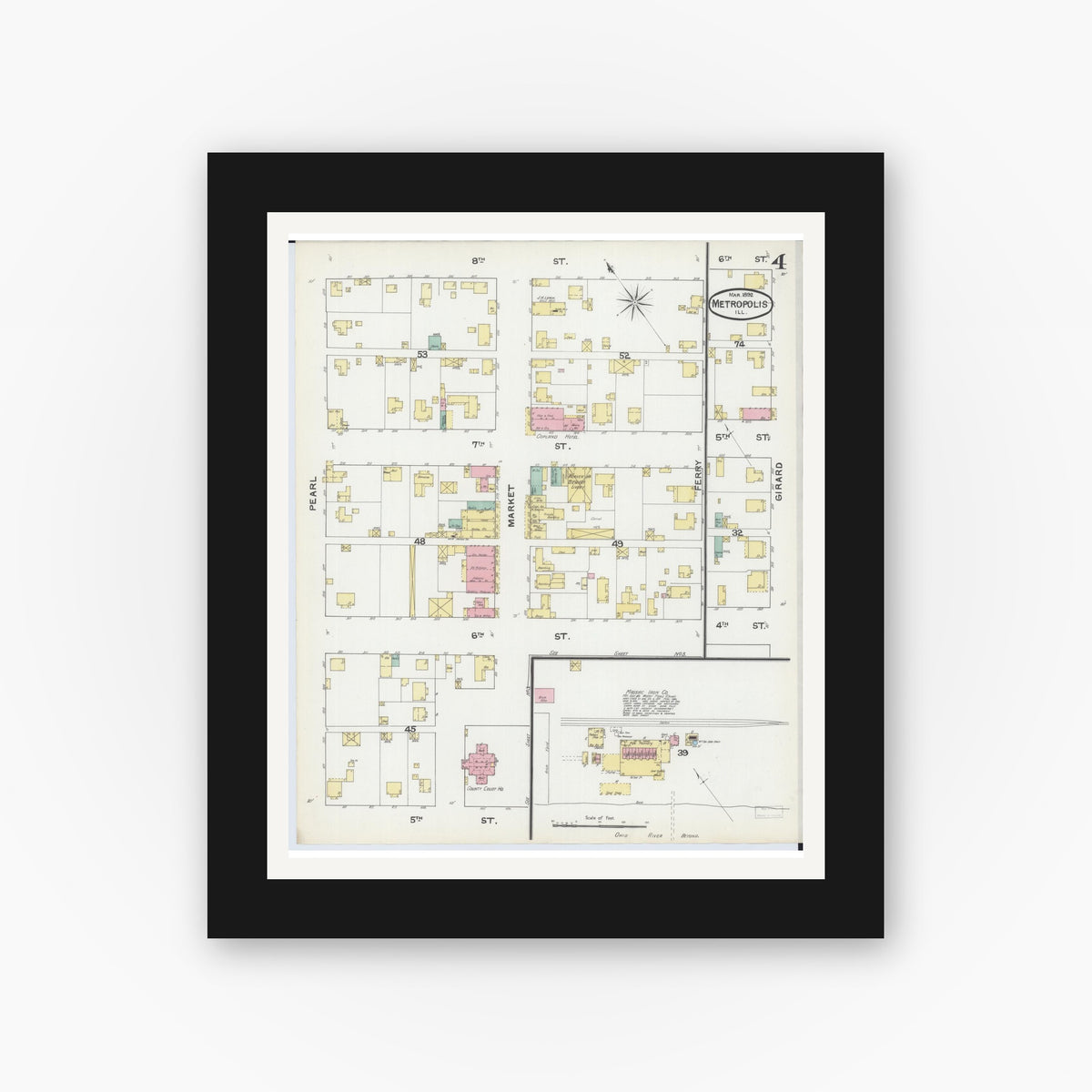 Old map wall art mockup — black gallery frame with white mat — Sanborn Fire Insurance Map from Metropolis, Massac County, Illinois (1892), Sheet #0004