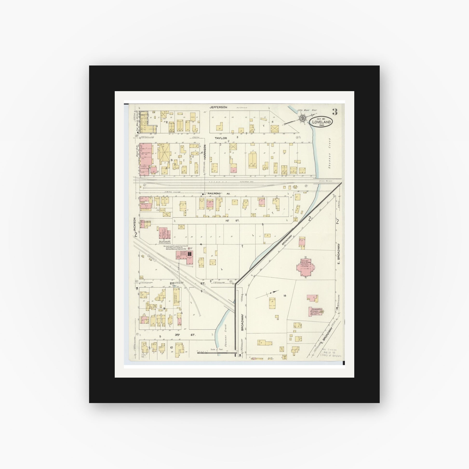 Old map wall art mockup — black gallery frame with white mat — Sanborn Fire Insurance Map from Loveland, Clermont, Hamilton, And Warren County, Ohio (1911), Sheet #0003
