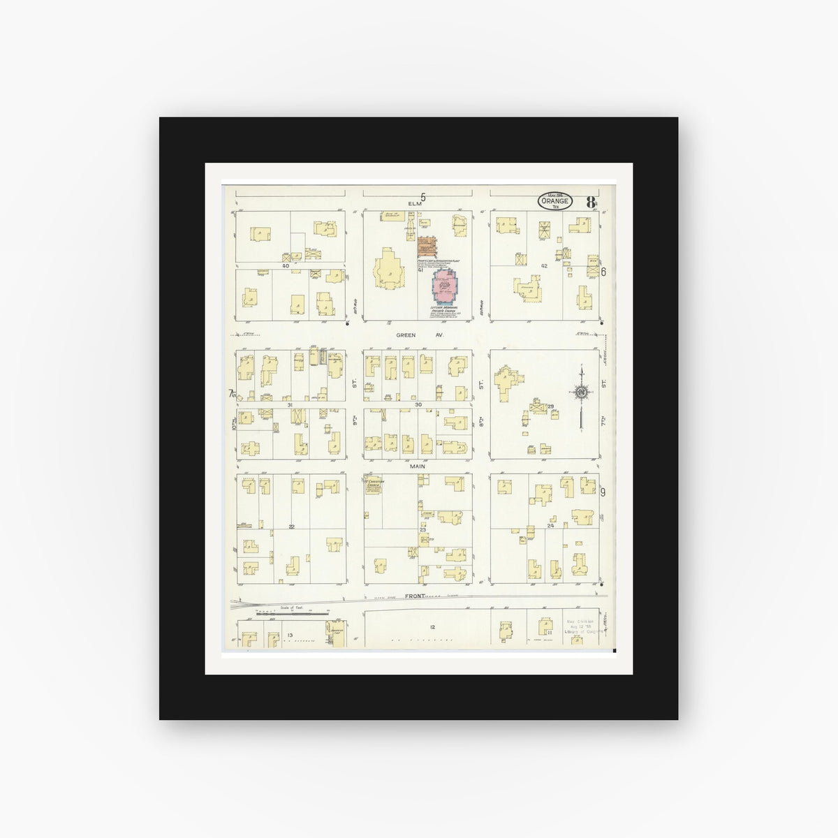 Old map wall art mockup — black gallery frame with white mat — Sanborn Fire Insurance Map from Orange, Orange County, Texas (1914), Sheet #0008