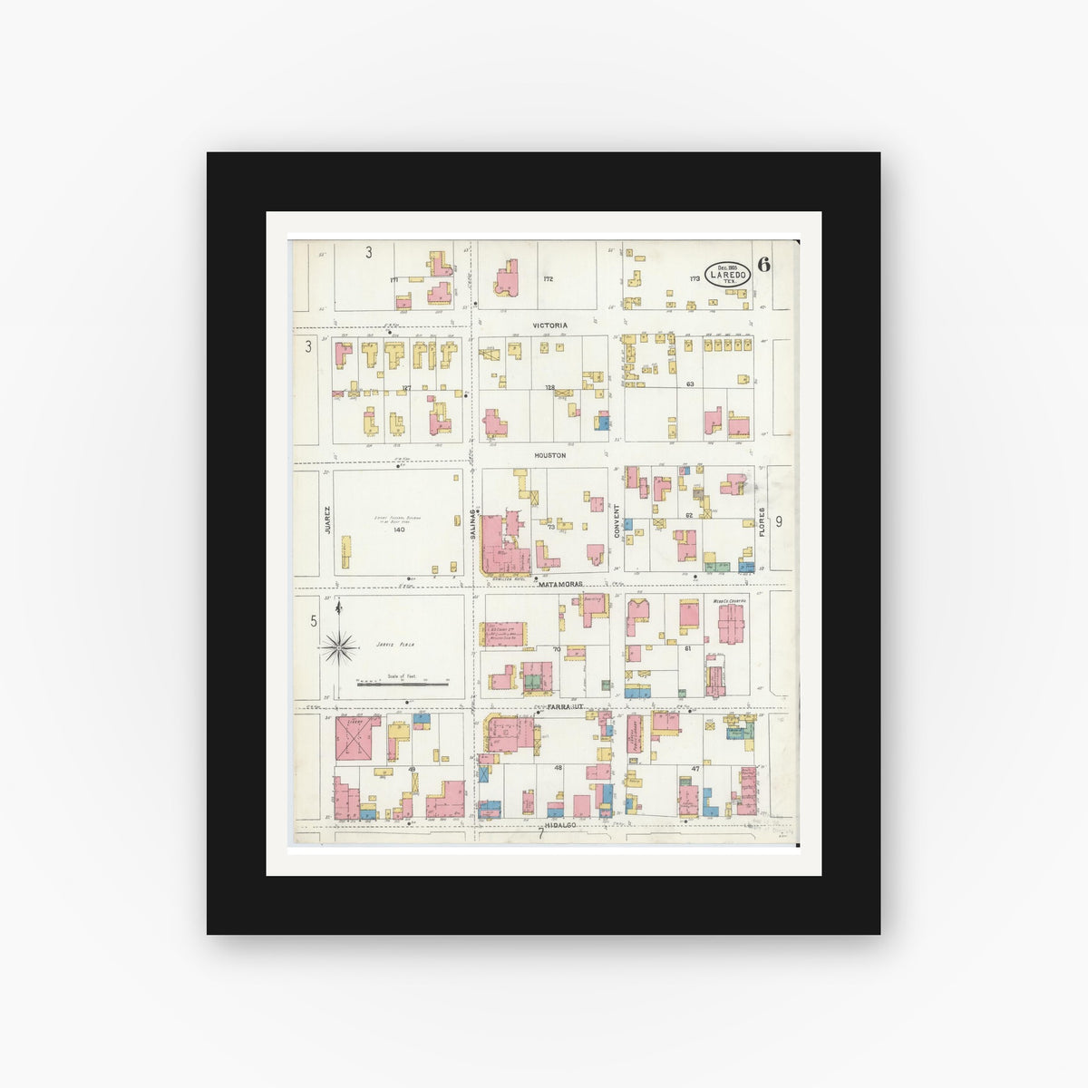 Old map wall art mockup — black gallery frame with white mat — Sanborn Fire Insurance Map from Laredo, Webb County, Texas (1905), Sheet #0006