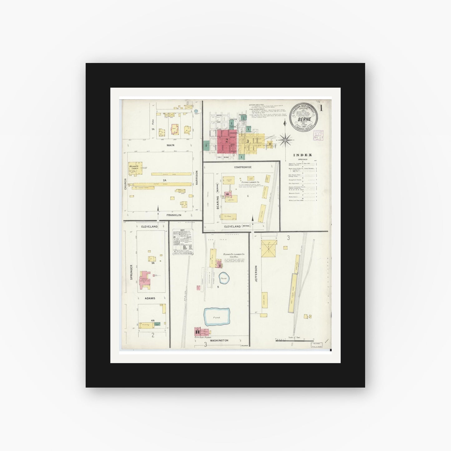 Old map wall art mockup — black gallery frame with white mat — Sanborn Fire Insurance Map from Berne, Adams County, Indiana (1907) - Complete Map Set